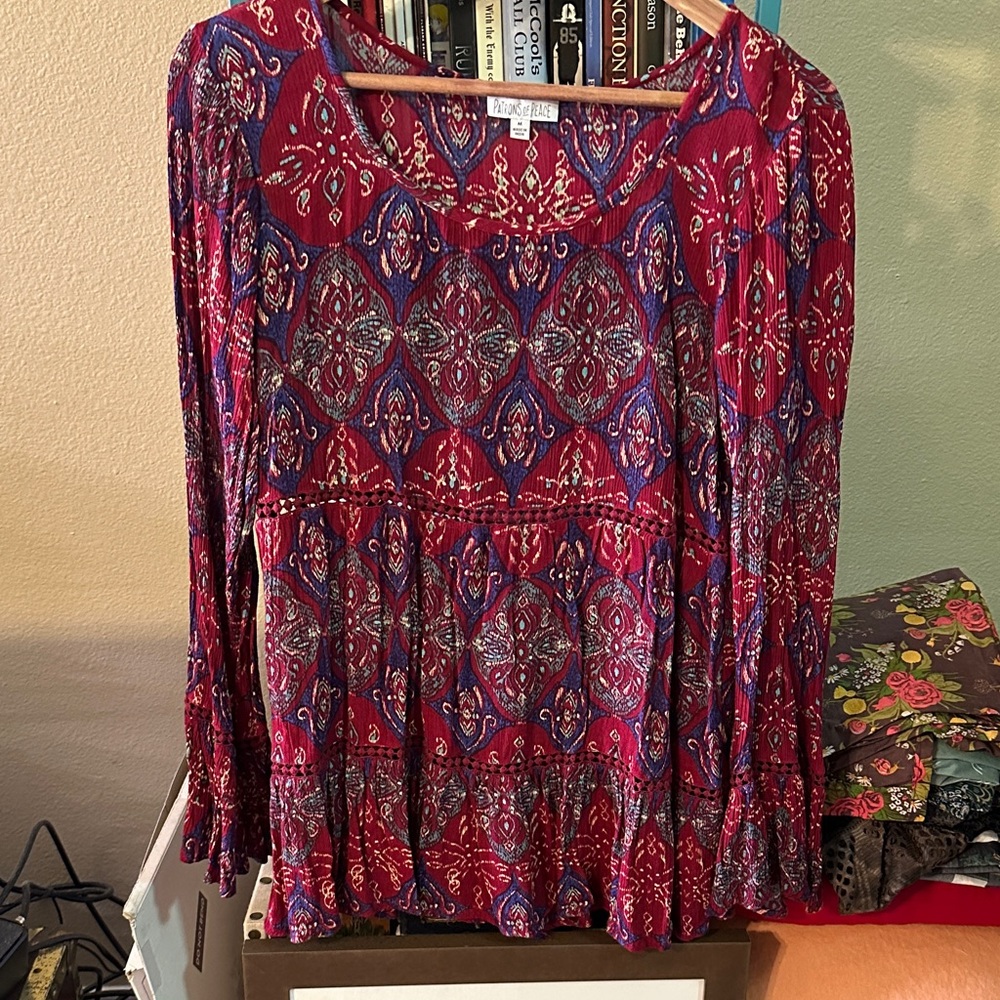 Patrons of Peace Burgundy Red and Blue Patterned Long Sleeve Fall Boho Tunic